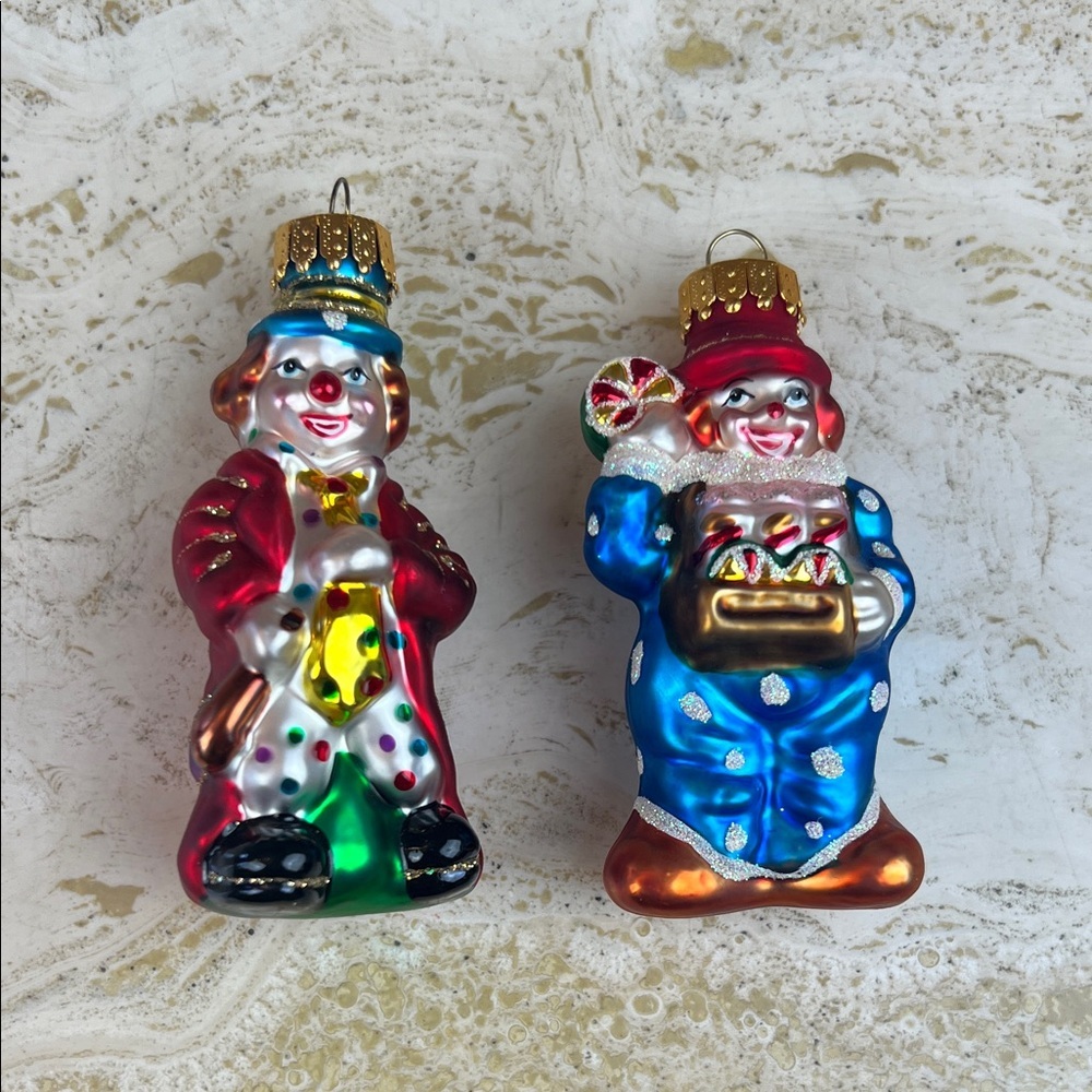 Hand crafted glass ornaments 2 clowns